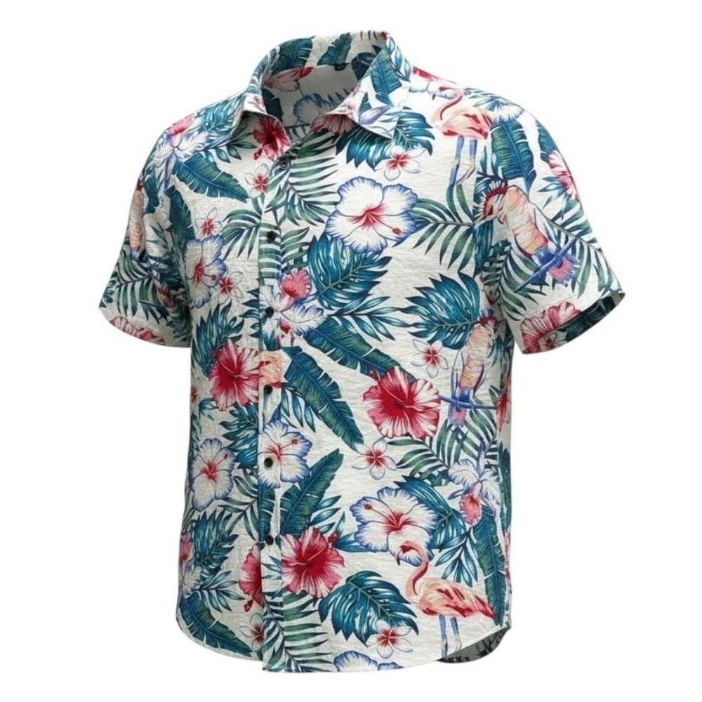 New SHEIN Men's XXL Hawaiian Shirt‎ Tropical Flamingo Hibiscus Button Down
